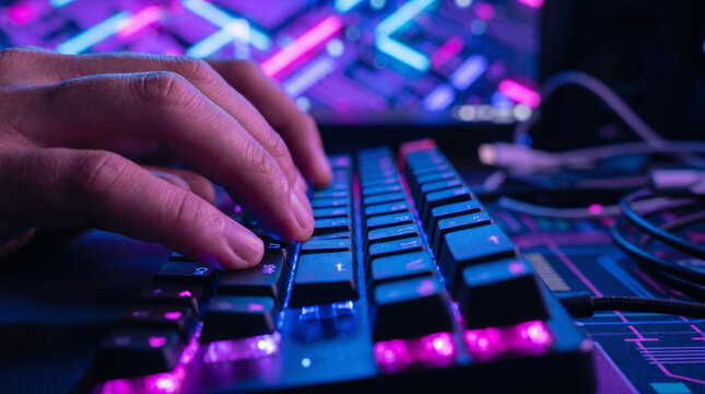 lose-up of developer hands typing on illuminated gaming keyboard with blue and pink RGB lighting. Modern programming workspace setup for World Programming Day, software development