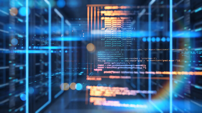  Futuristic server room data center with blue lighting and programming code overlay. Abstract technology background featuring server racks, digital code. Perfect concept for World Programming Day