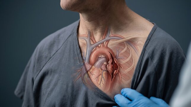 Medical illustration of human chest with anatomical overlay showing aortic dissection and heart