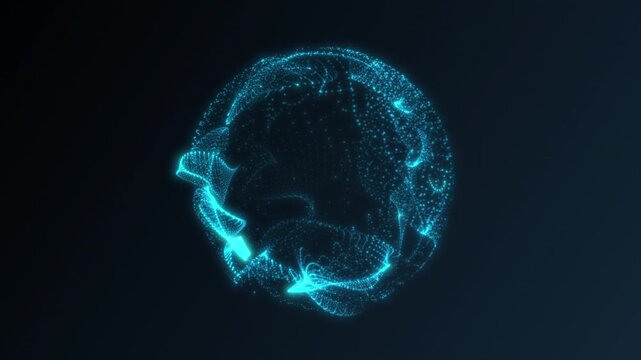 Cyan glowing particle sphere with digital data motion on dark blue background, abstract AI network core loop for futuristic technology visuals.Virtual assistant