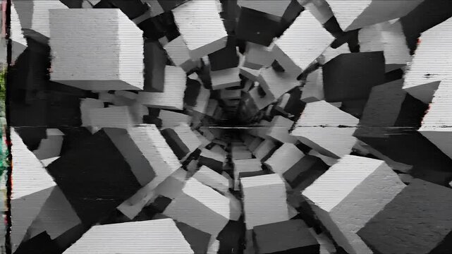 Abstract Black and White Cubes Tunnel Vortex Motion Background.