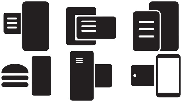 Abstract flat mobile app interface icons featuring modern device screens, cards, buttons, and layout elements on dark background