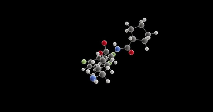 Atuzaginstat molecule, rotating 3D model of gingipain inhibitor, looped video on a black background
