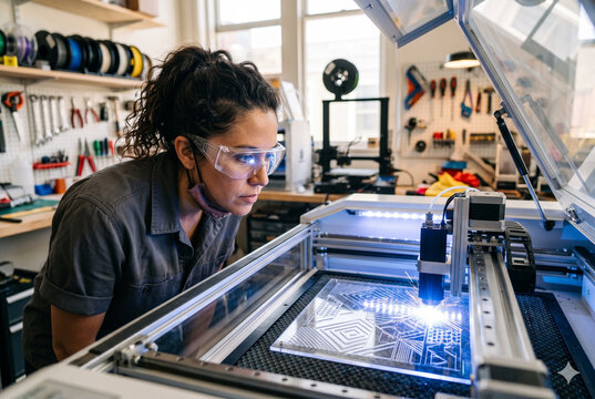 Female Engineer Observing Futuristic Laser Cutter Engraving Acrylic in Maker Space