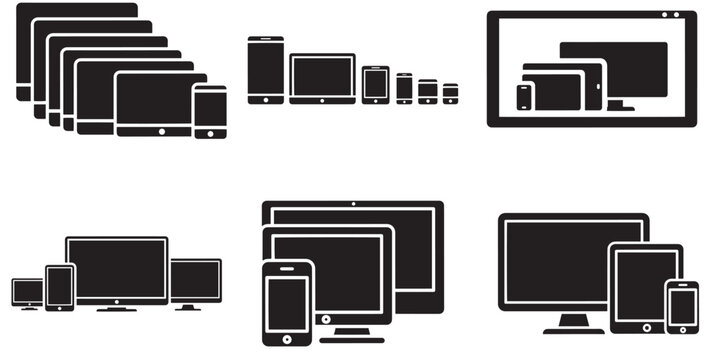 Silhouette of multiple digital devices showing responsive screens and monitors in varied sizes for web design and technology concepts