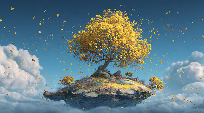 An island with a blooming tree in the middle of island