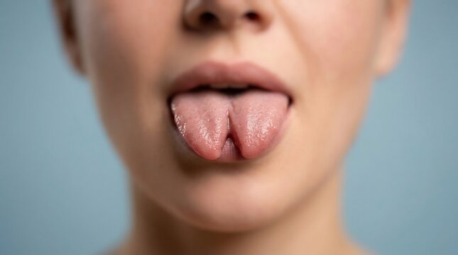 Close-up of a person sticking out a split tongue with a vertical bifurcation