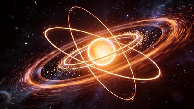 Glowing spherical core with rotating orbital rings and particles in deep starry space