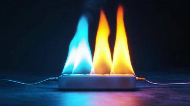 Electronic device overheating: blue and red flames emerge from a charging block