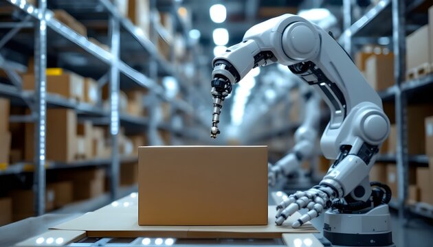 Robotic Arm Picking Package in Automated Warehouse Fulfillment Center