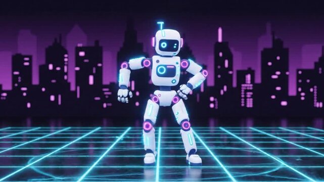 Retro-futuristic robot character dancing on a neon grid in front of a glowing city skyline.