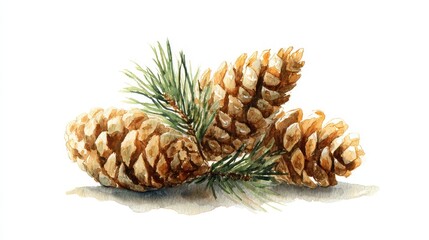 Fototapeta premium Illustrated pine cones with needles, gentle textures in watercolor on pure white