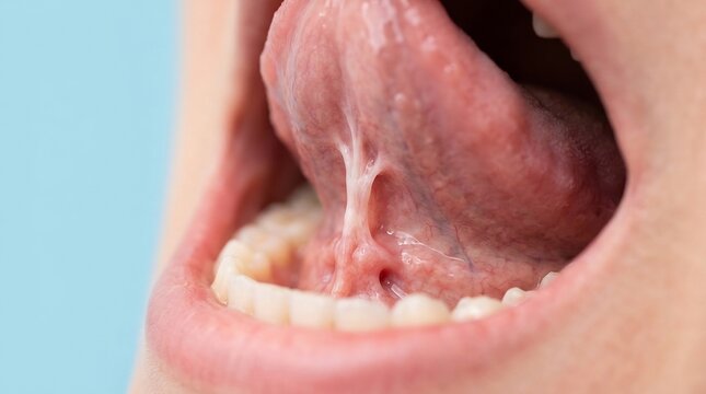 Detailed close-up of human tongue showing short lingual frenulum for medical education