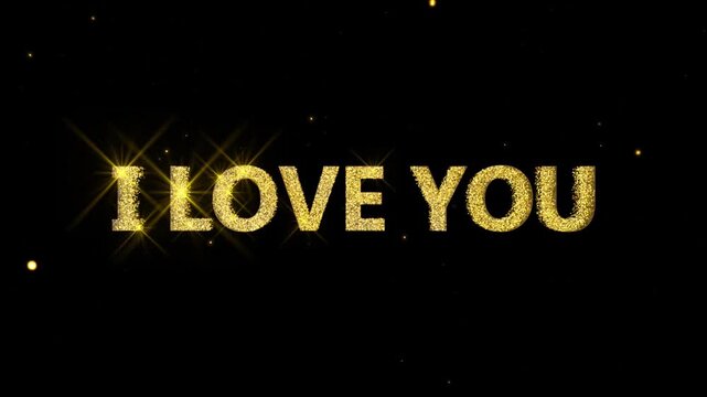 Luxury Twinkle Gold I Love You Text Typography Animation Loop. Elegant Golden I Love You Title Feature with Sparkling Glitter Stars Trail.