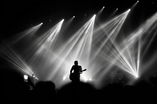Indie band moment: lone guitarist silhouette under blazing stage lights