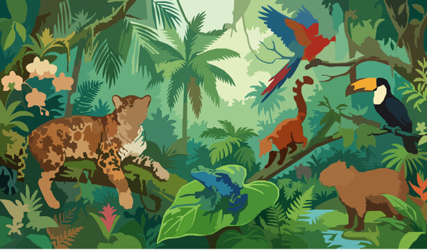 Tropical rainforest animal collection vector illustration
