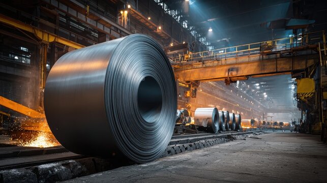 Industrial steel coil on the factory floor with milling equipment and metallic textures