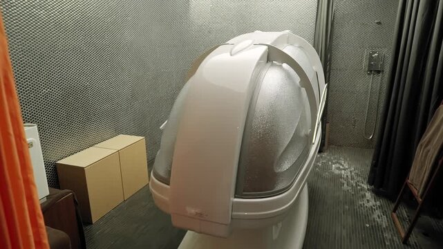 A room with modern sensory deprivation pod, experiencing deep relaxation