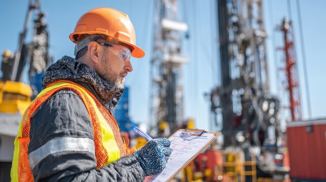 Industrial site inspection: safety officer reviewing a checklist at a drilling rig