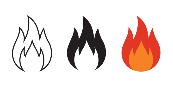 Three fire flame icons in outline silhouette and full color styles on a white background