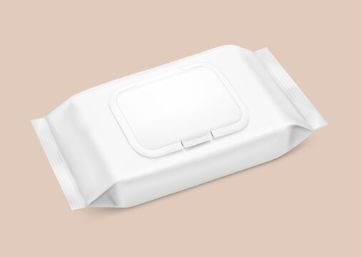 Wet wipes flow package mockup with realistic flap. Vector illustration on colour background. Can be use for your design, promo, adv and etc. EPS10.