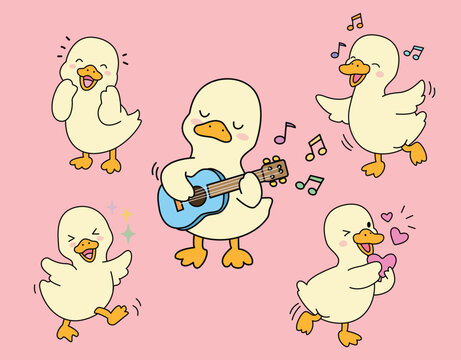 Cute duck cartoon set illustration. Funny kawaii animal  vector design