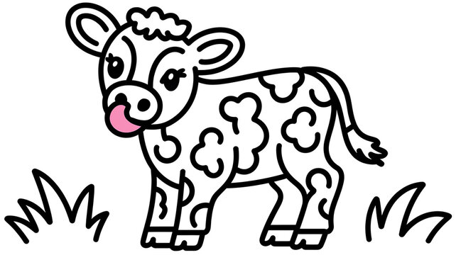 Black and white calf with pink nose licking its lips, isolated on transparent background 