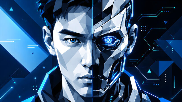 Half Human Half Robot, Futuristic Blue WPAP