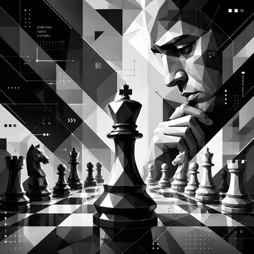 Futuristic Chess Strategy &ndash; Black and White WPAP Vector Art