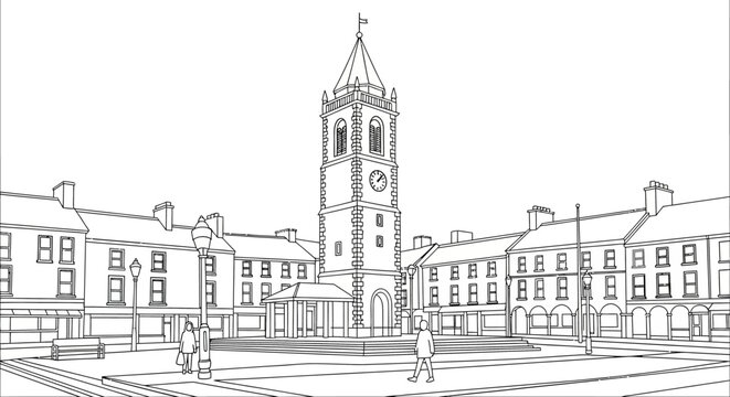 Historic Clock Tower and Courthouse Line Drawing Illustration.