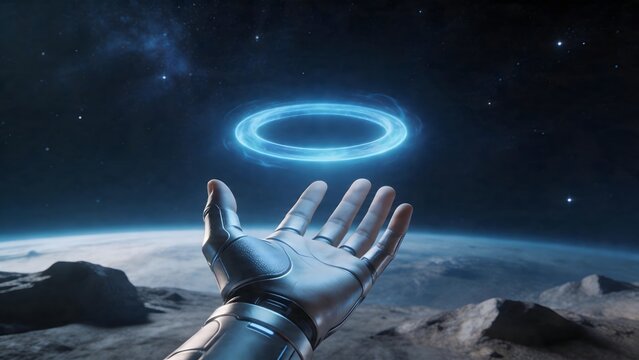 Cyborg hand reaching for glowing ring in space