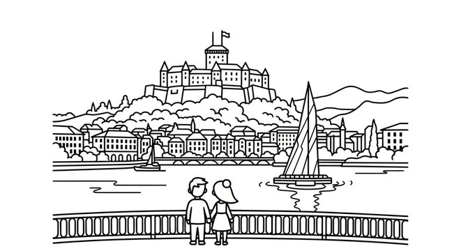 Couple Admiring Historic Castle and Scenic Lake View.