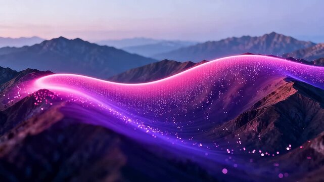Mountain landscape with pink purple gradient data wave layer