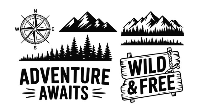 Adventure design elements with mountains trees compass and wild and free sign on white
