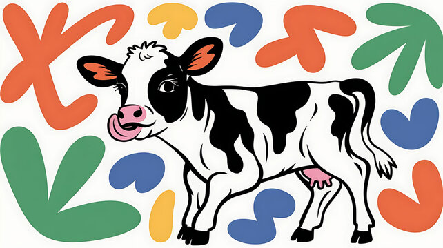 Black and white calf with pink nose licking its lips, isolated on transparent background 