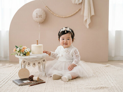 Cute Korean baby girl celebrating her first birthday in a white fusion hanbok dress with cake