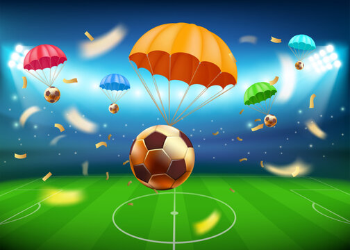 Golden soccer ball on a parachute over the stadium, floodlights. Football championship. Vector illustration.