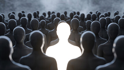 Fototapeta premium Glowing white human silhouette standing out from a dark anonymous crowd as a metaphor for leadership and uniqueness concept
