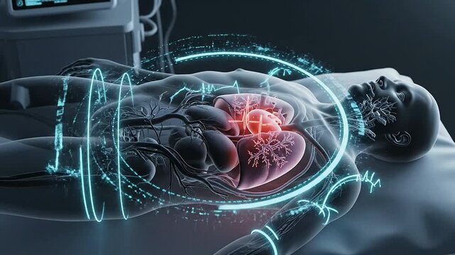 Futuristic Medical Visualization of Human Body Highlighting Heart and Circulatory System with Advanced Digital Monitoring Elements in a Clinical Environment