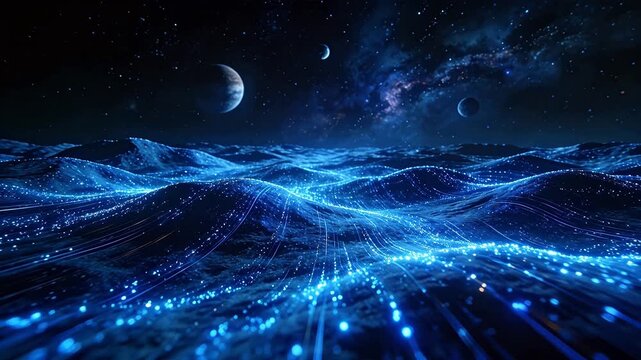 Planets in dark space above a flowing blue digital data wave landscape
