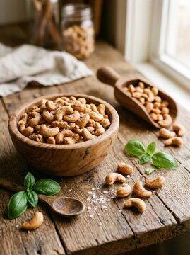 Raw mixed nuts in wooden bowl on rustic table with fresh basil leaves and spices