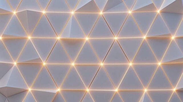 White triangles geometric pattern wall with warm light lines and depth