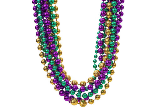 Multiple strands of shiny purple, green, and gold mardi gras beads arranged in a u-shape against a solid black background