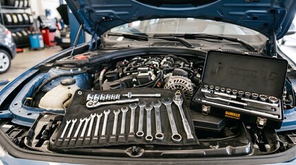 Fototapeta premium Organized hand tools and socket kit displayed across fender of modern car with hood open in bright service bay, showcasing complete mechanic setup for precise automotive diagnostics, repair, maintenan