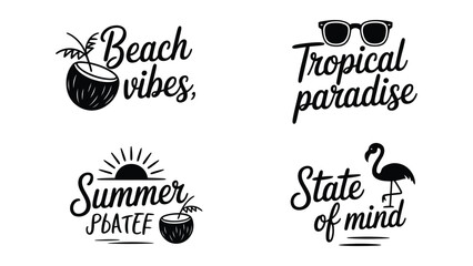 Black and white illustrations of summer vacation phrases with tropical icons and typography designs © MSTTASPRIYA
