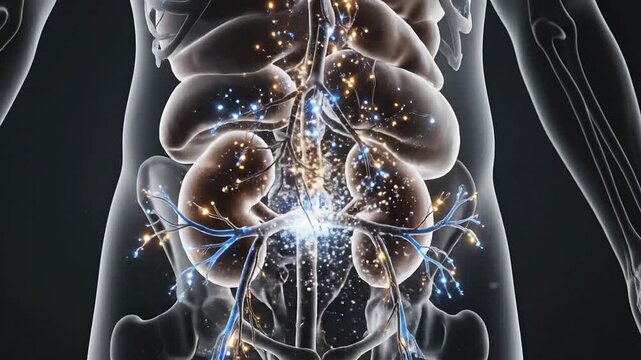 Glowing Medical Illustration of Human Respiratory and Renal Systems in 3D, Highlighting Anatomy with Radiant Light Effects Against a Dark Background