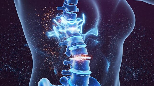 Glowing Human Spine Animation Highlighting Nerve Activity With Sparks In A Cosmic Background Ideal For Medical And Health Projects