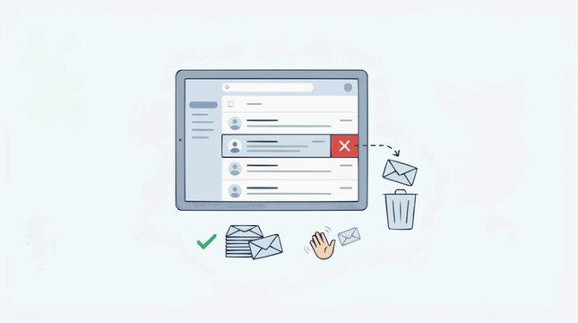 Email management on a computer screen with delete and confirm actions