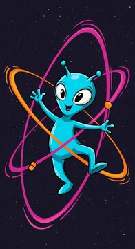 Energetic Cyan Extraterrestrial Dance Amidst Bold Neon Orbs in Cosmic Scenery. A Child Concept Arts.