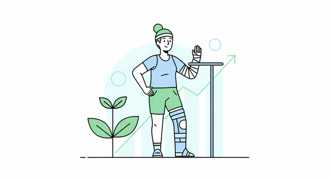 Injured woman with bandages and leg brace